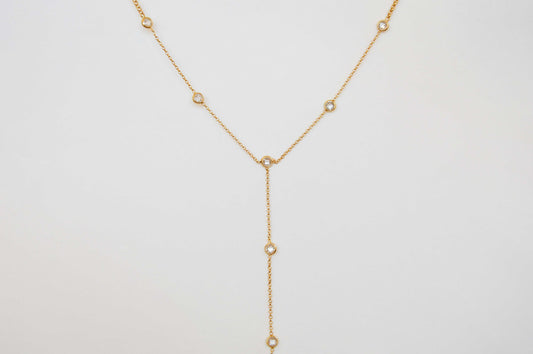 18K gold-filled chain lariat necklace with round bezel details close-up