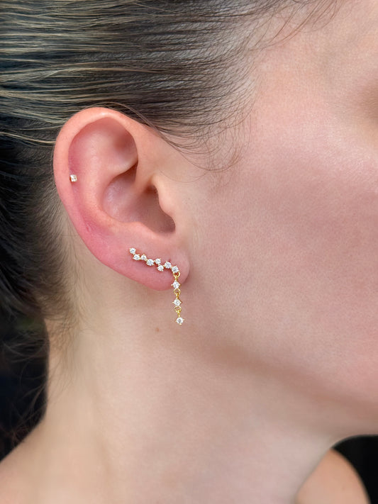 Dangling climber earring on model ear