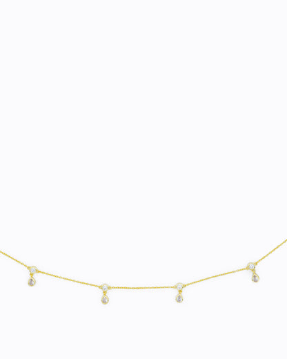 Close up of 14k gold vermeil belly chain with CZ droplet accents