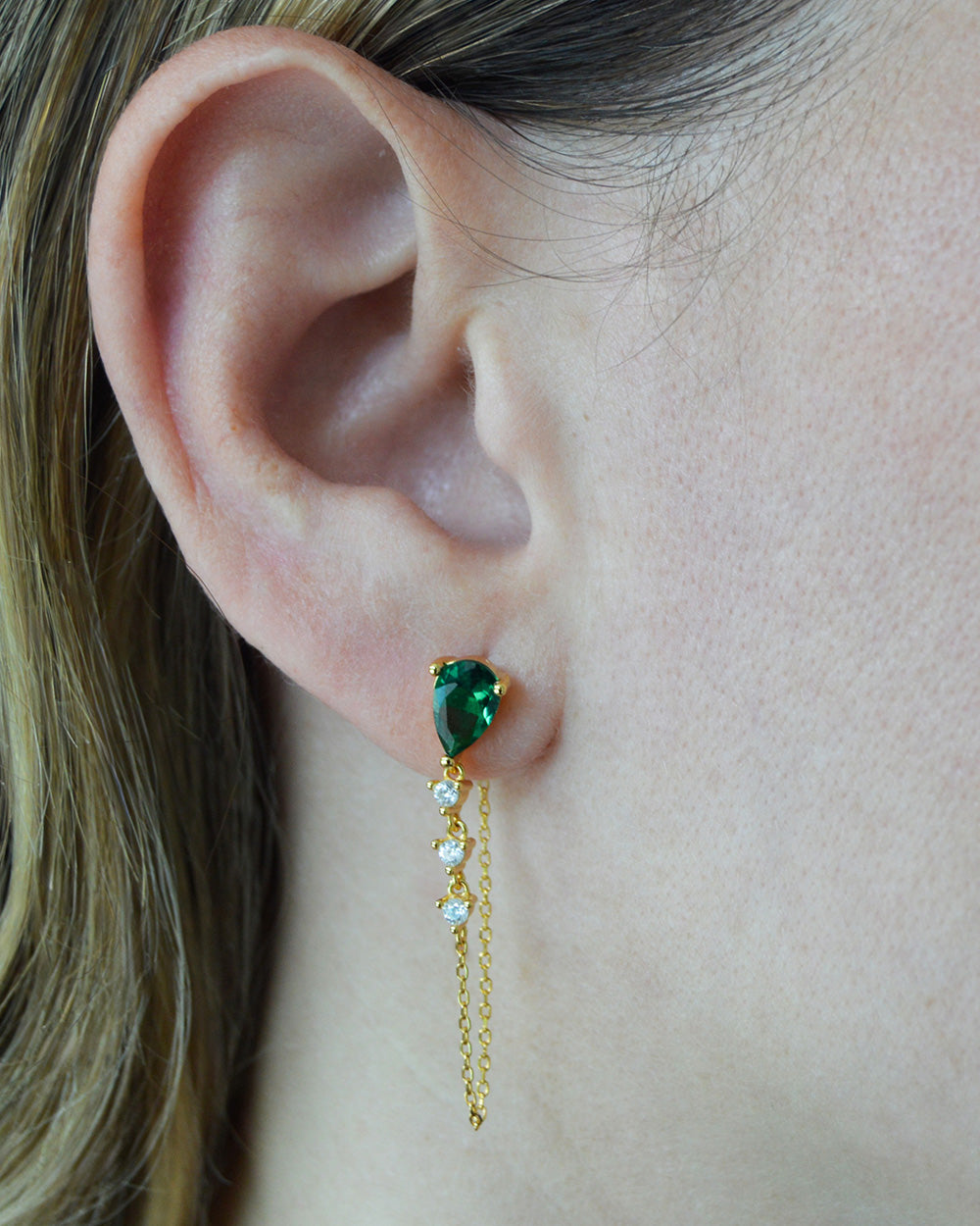 Emerald Teardrop Chained Earrings